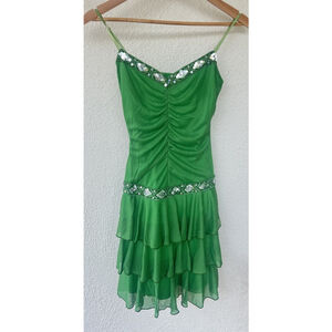 VTG Byer Too! Green Ruched Layered Chiffon Sequin Dress XS Forest Fairy Ethereal